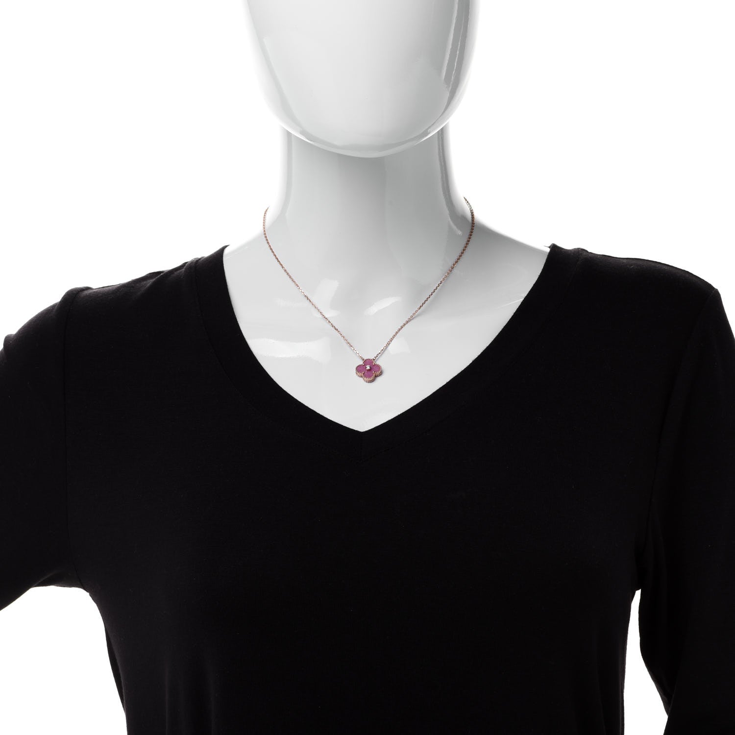 Van Cleef & Arpels 18K Rose Gold Diamond Rhodonite Vintage Alhambra Pendant Necklace 2 of 6