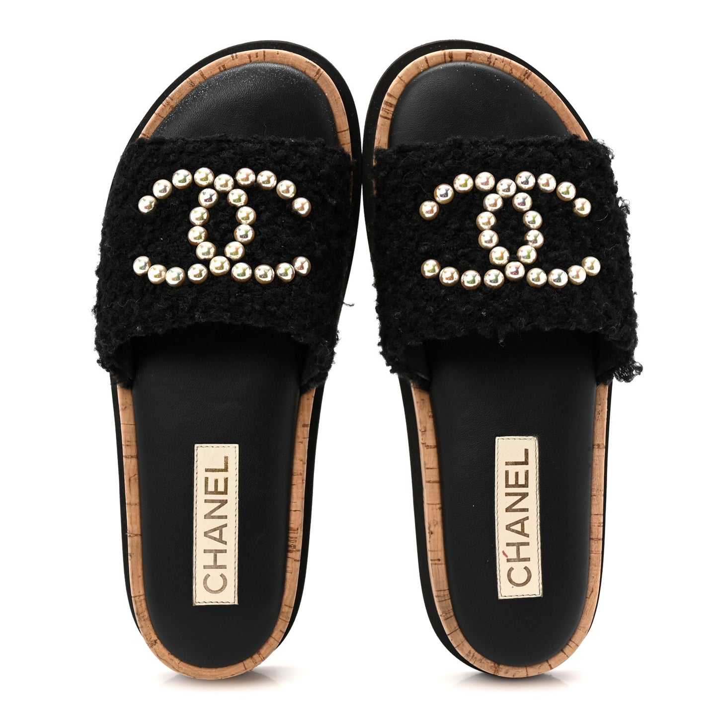 Fabric Pearl Cork CC Slip On Sandals 40 Black 38 Black
