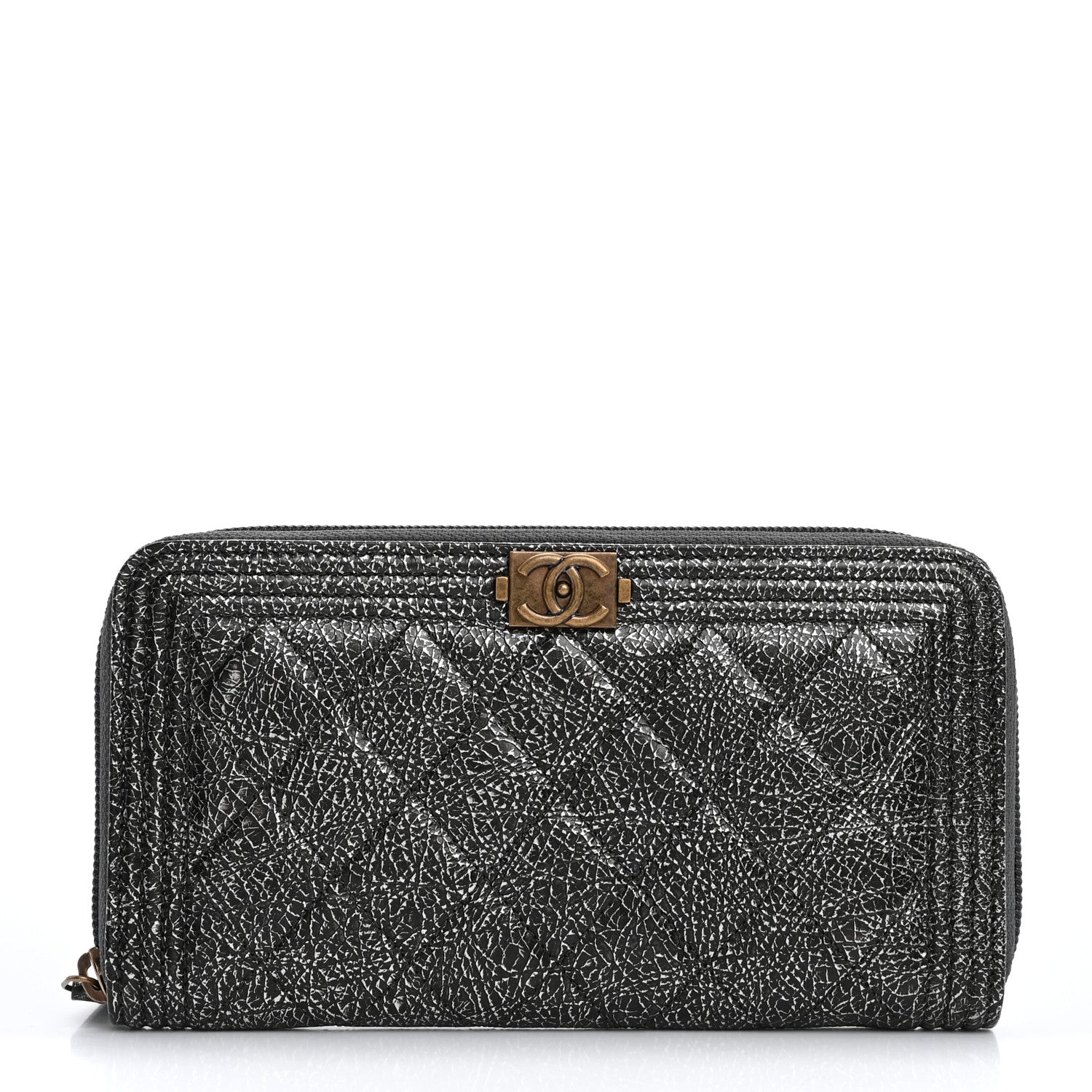 Chanel Cracked Metallic Calfskin Quilted Boy Long Zip Around Wallet Dark Silver 1 of 9