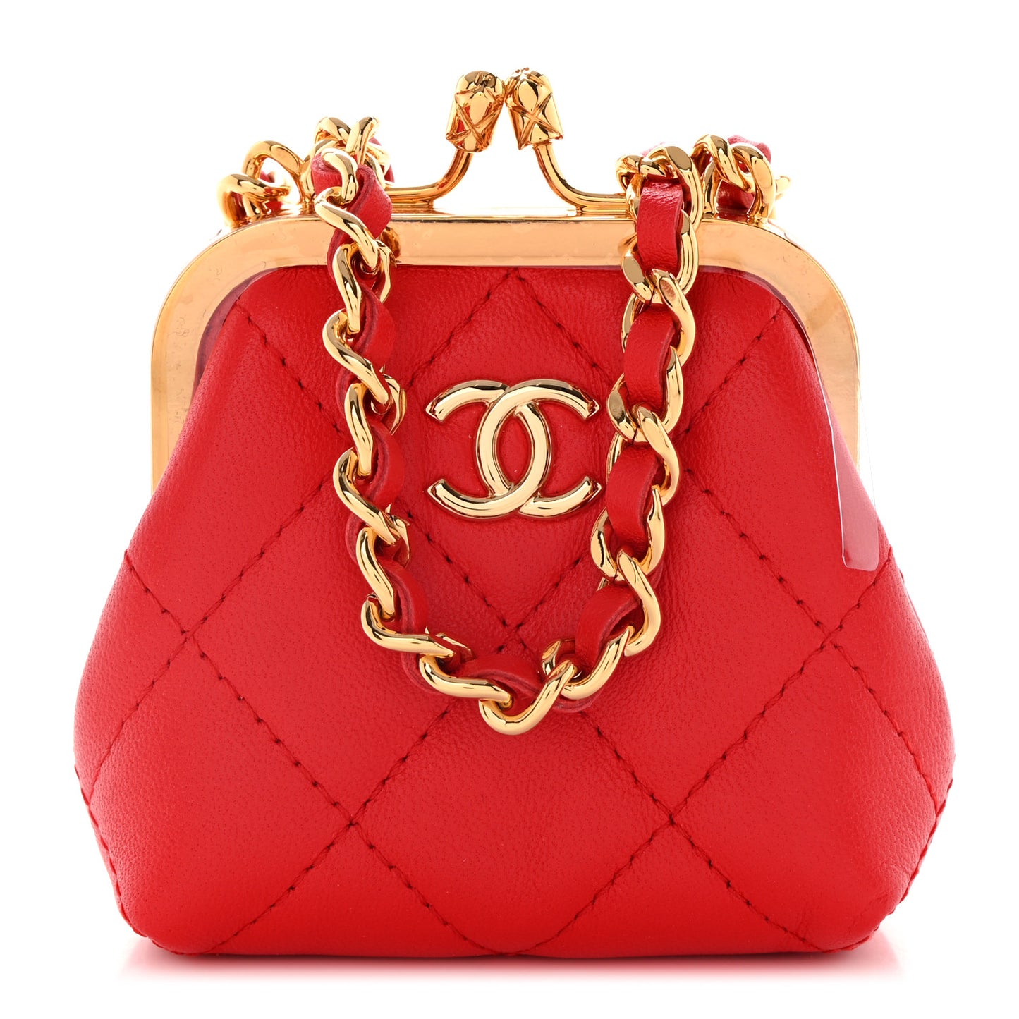 Lambskin Quilted Mini Kiss Lock Clutch With Chain Red