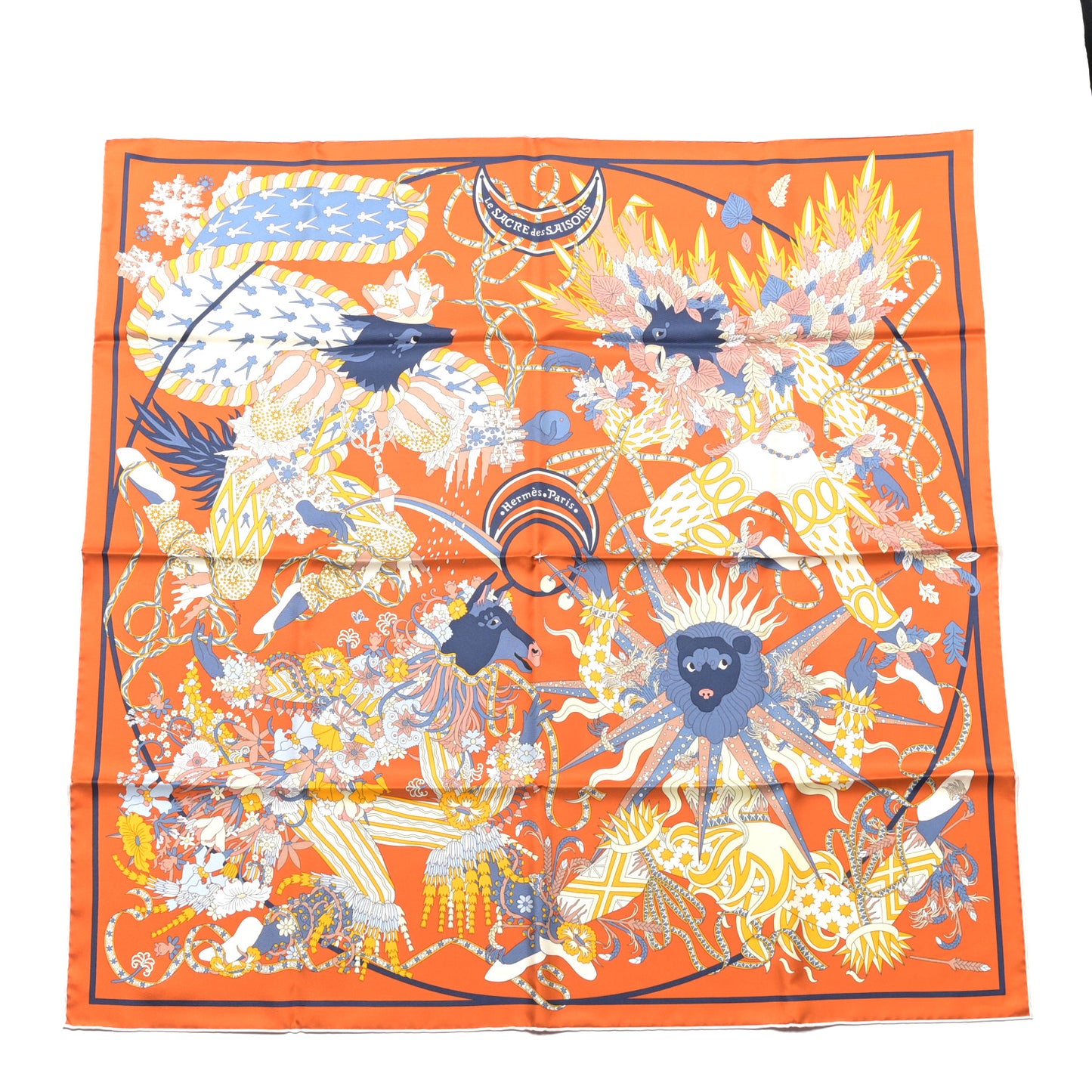 Silk Le Sacre Des Saisons Scarf 90 Potiron Bleu Gris Jaune Soleil