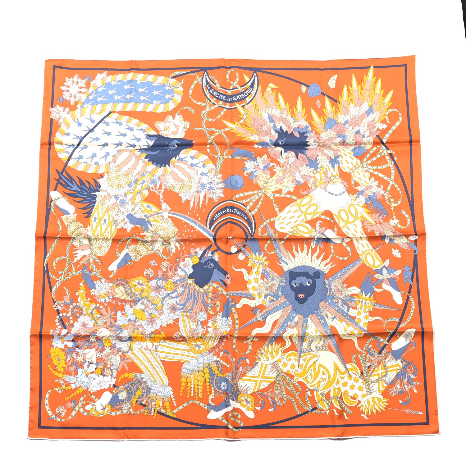 Hermes Silk Le Sacre Des Saisons Scarf 90 Potiron Bleu Gris Jaune Soleil 1 of 4