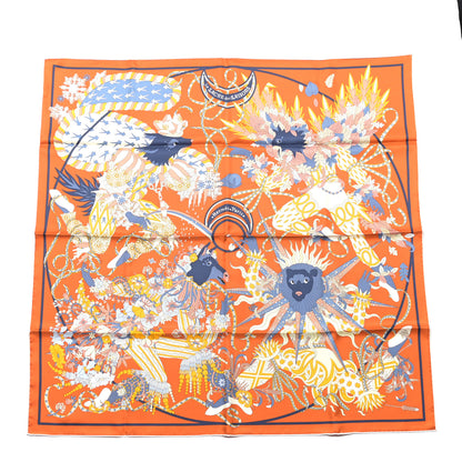 Hermes Silk Le Sacre Des Saisons Scarf 90 Potiron Bleu Gris Jaune Soleil 1 of 4