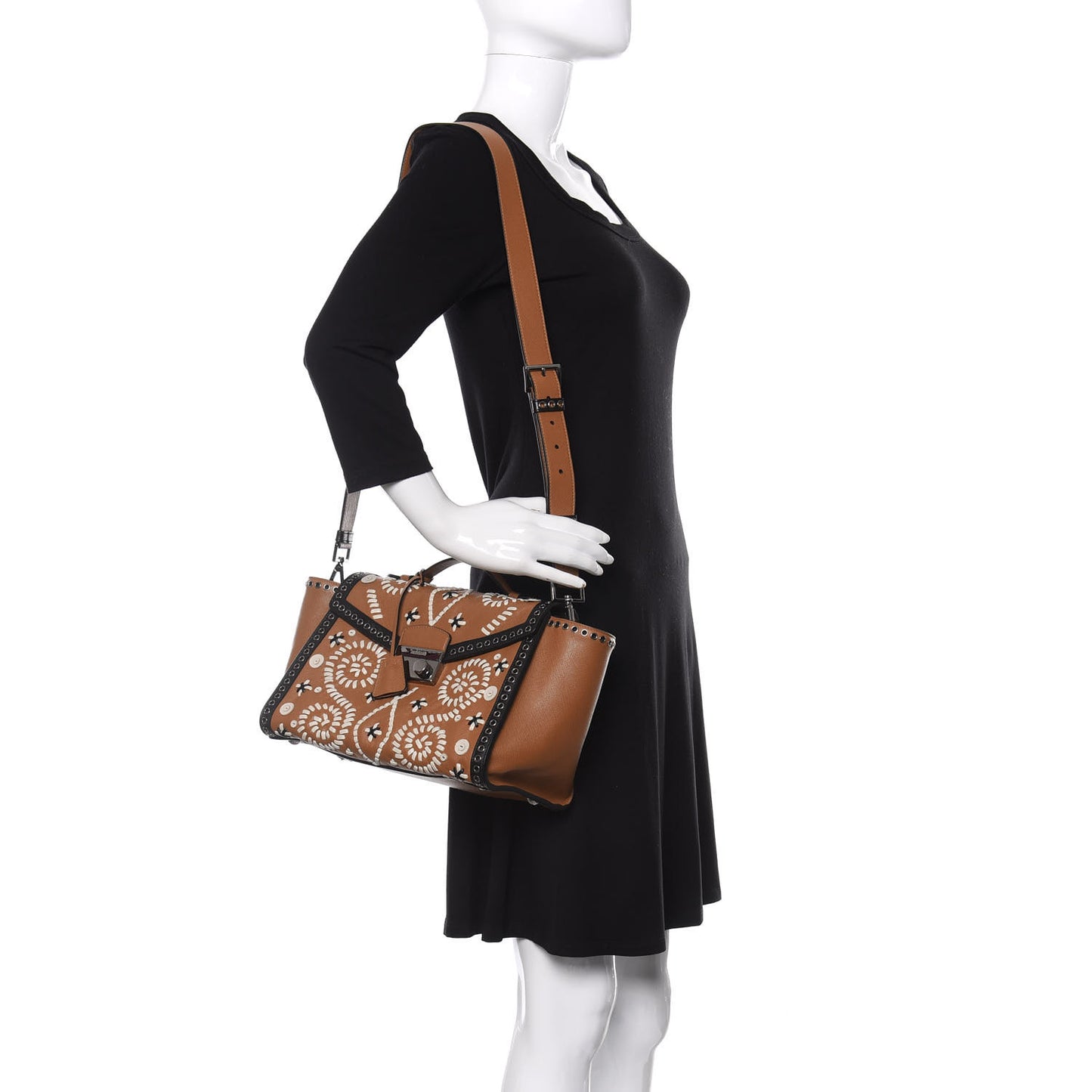 Saffiano Embroidered Sound Twin Pocket Satchel Caramel
