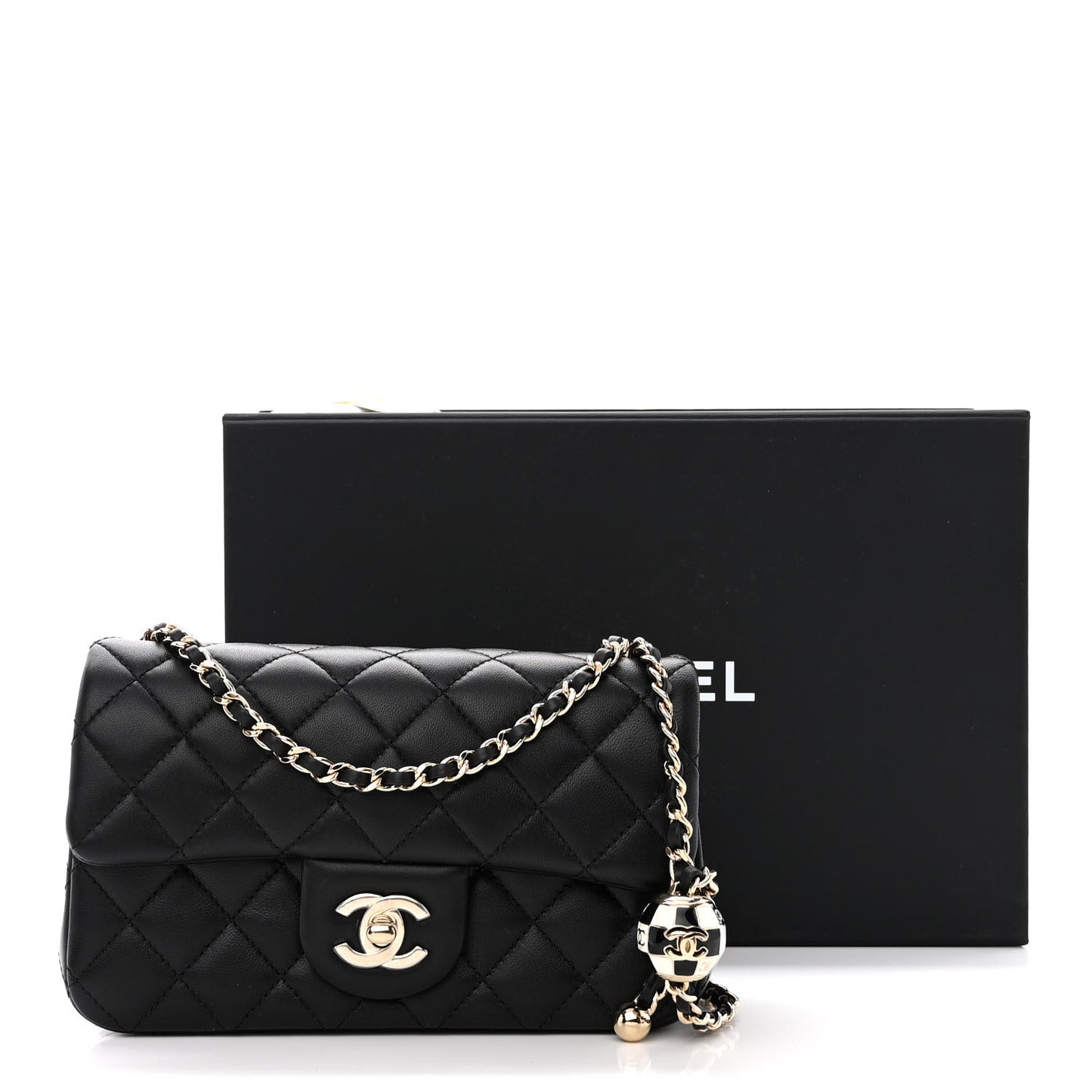 Lambskin Quilted Enamel Mini Rectangular Pearl Crush Flap Black