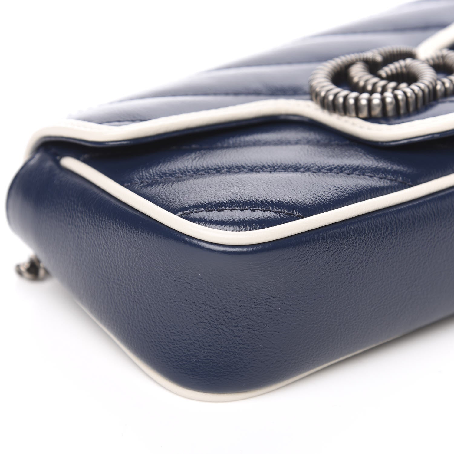 Gucci Vintage Effect Calfskin Matelasse Diagonal Super Mini Torchon GG Marmont Shoulder Bag Blue Agata Mystic White 8 of 10