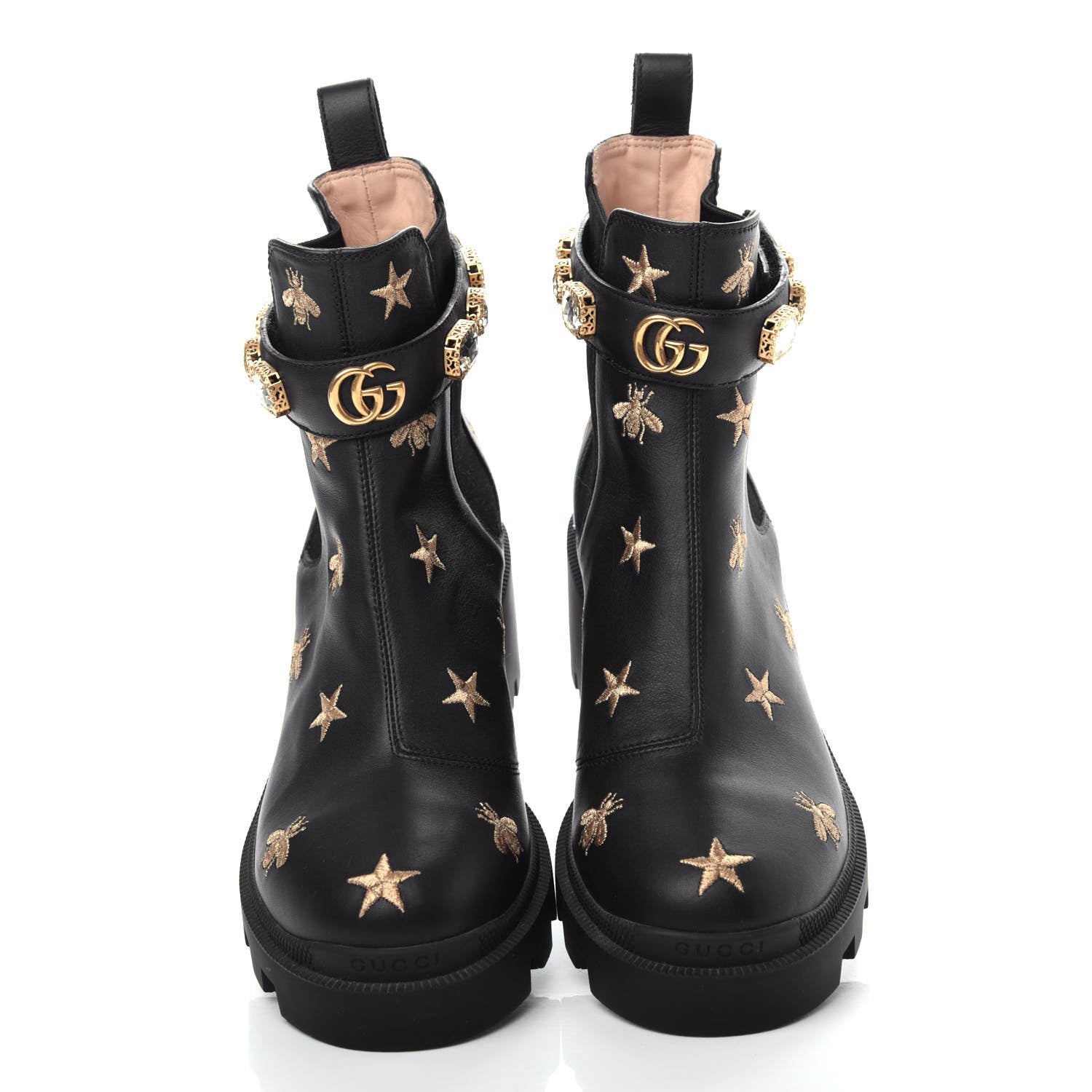 Gucci Calfskin Bee Star Embroidered Belt Ankle Boots 39.5 Black