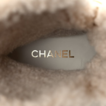 Chanel Shiny Crumpled Calfskin Velvet Shearling Lace Up Boots 38.5 Ivory 7 of 7
