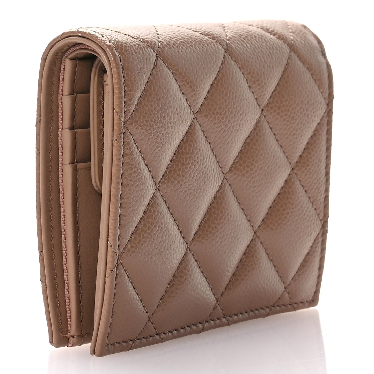 Caviar Quilted Multi Chain CC Compact Bi-Fold Flap Wallet Beige