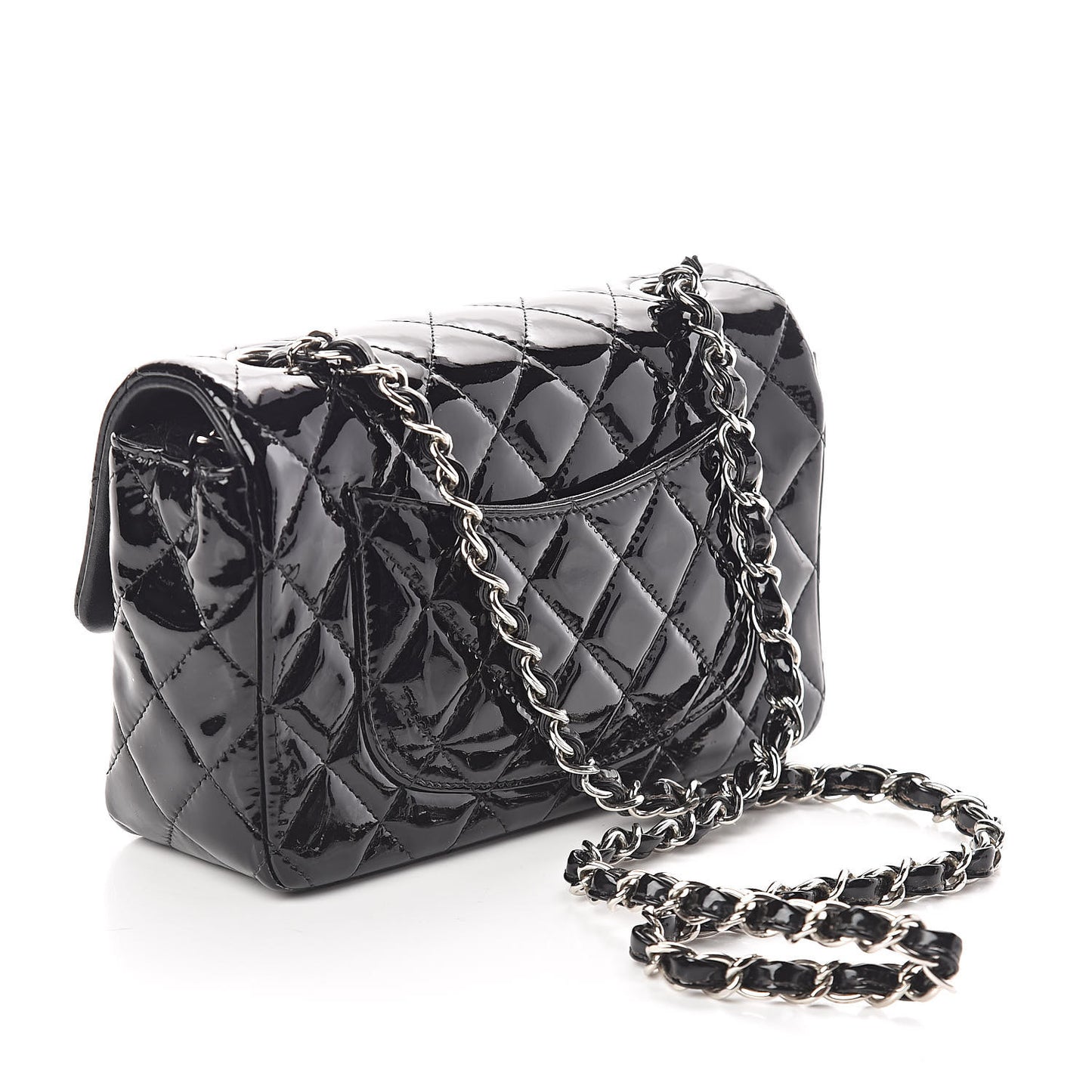 Patent Calfskin Quilted Mini Rectangular Flap Black