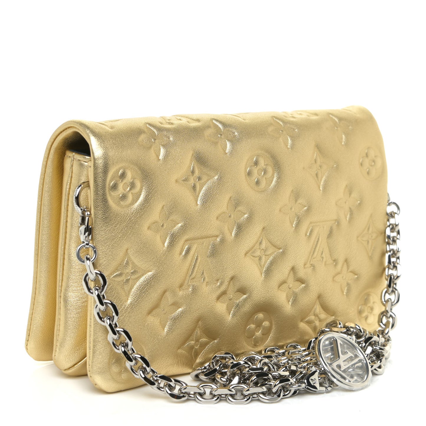 Metallic Lambskin Embossed Monogram Pochette Coussin Gold