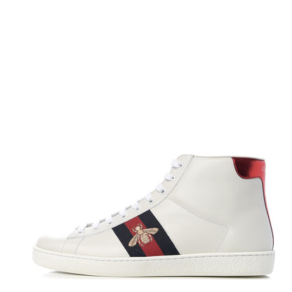 Gucci Calfskin Miro Soft Web Bee Embroidered Mens Ace High Top Sneakers 8 White 1 of 10