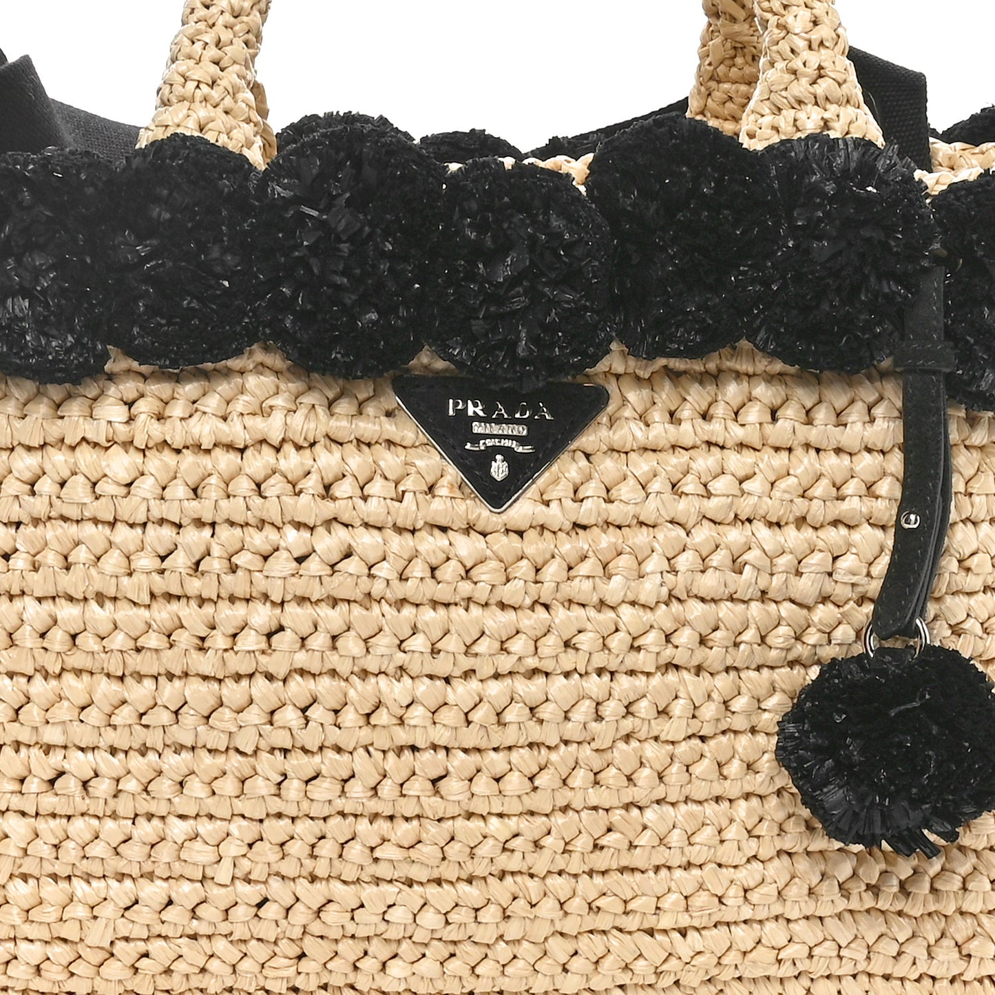 Raffia Crochet Giardiniera Pom Pom Tote Naturale Black