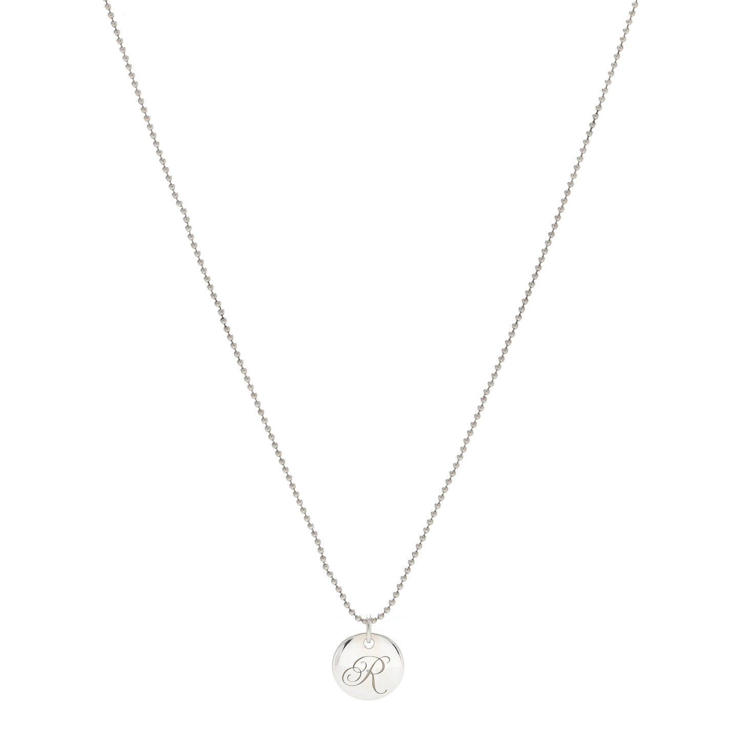Sterling Silver Letter R Round Pendant Beaded Chain Necklace