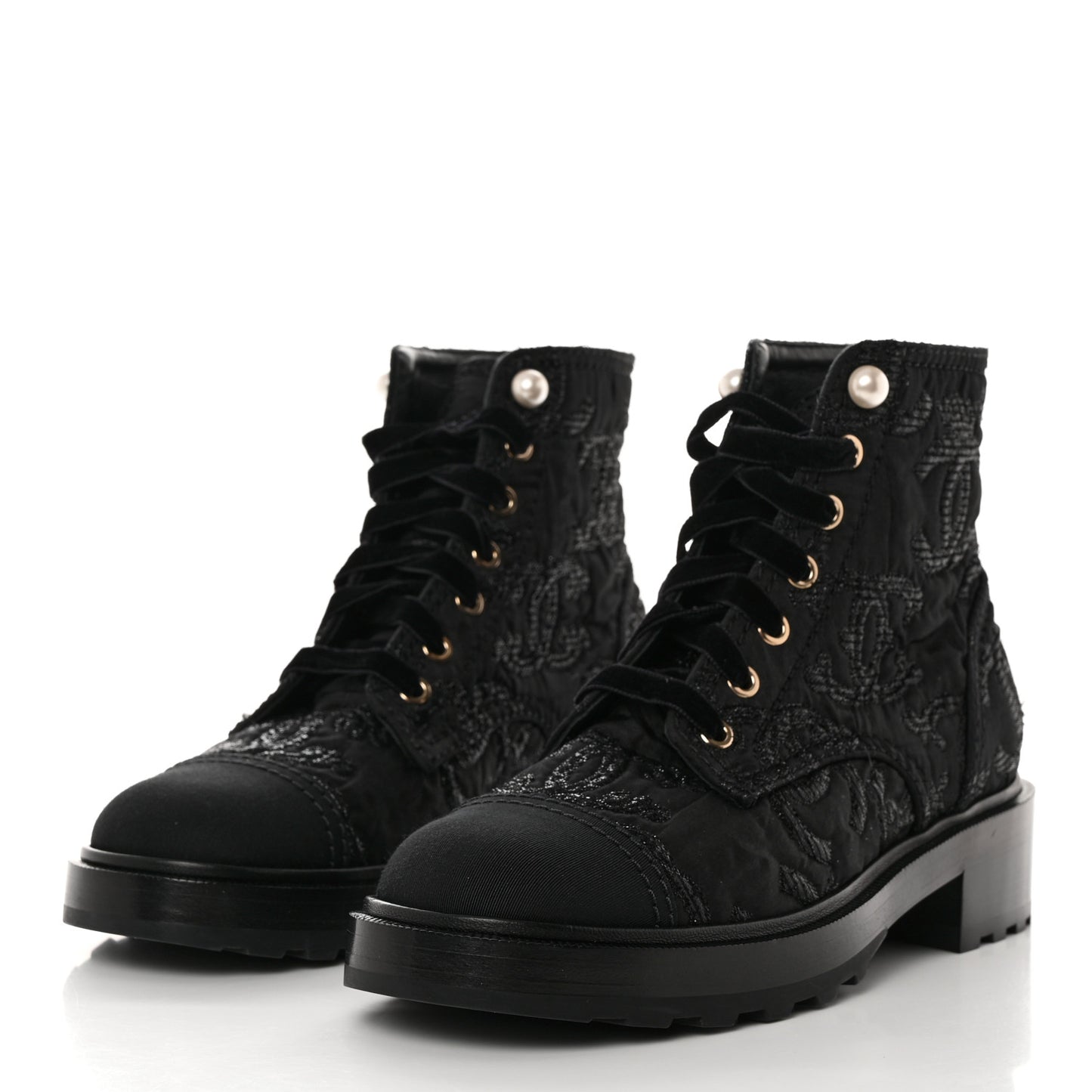 Tweed Grosgrain CC Combat Short Boots 38.5 Black