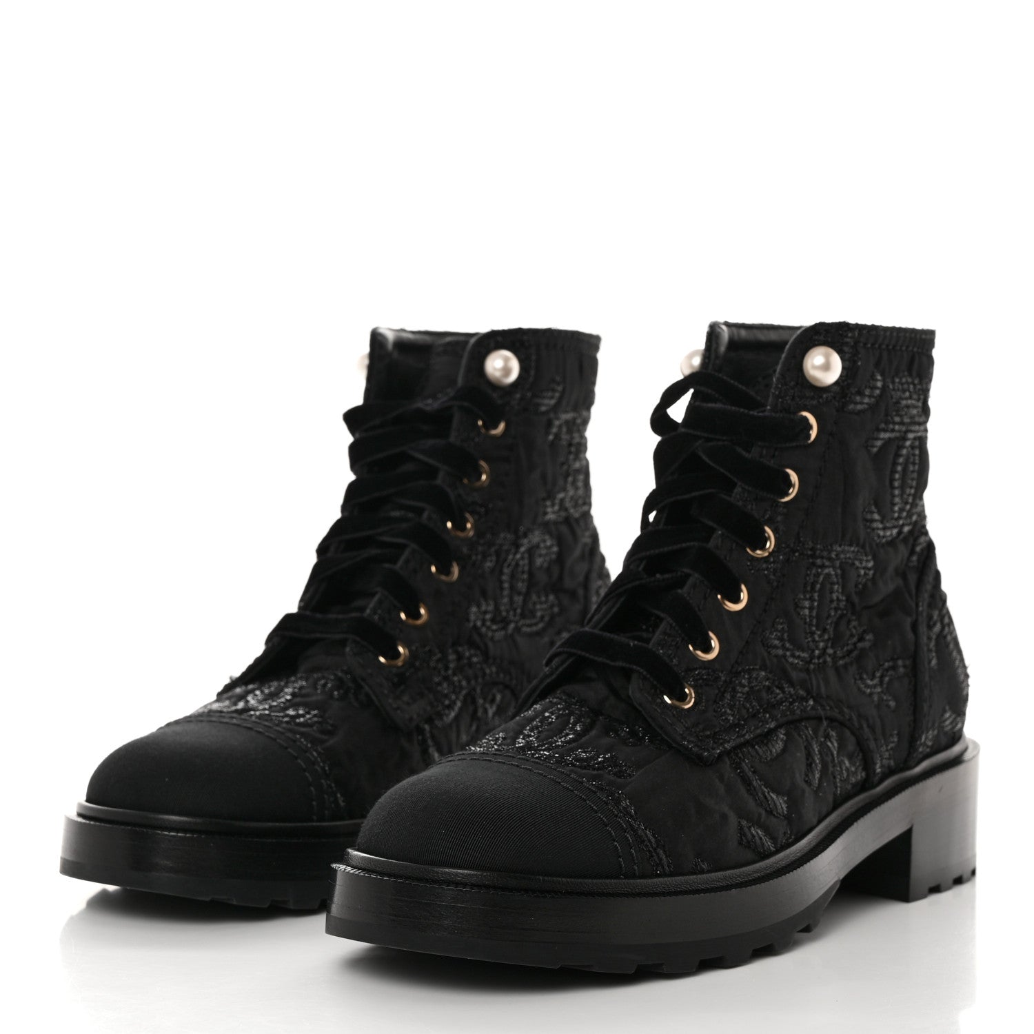 Chanel Tweed Grosgrain CC Combat Short Boots 38.5 Black 3 of 9