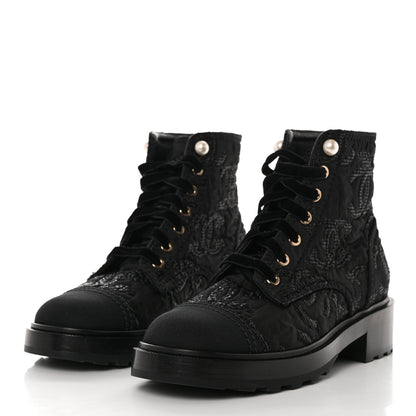 Chanel Tweed Grosgrain CC Combat Short Boots 38.5 Black 3 of 9