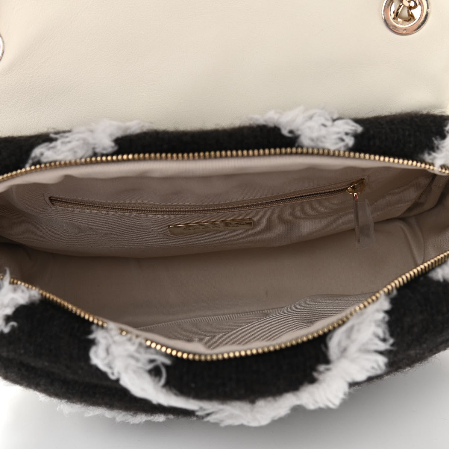 Chanel Wool Shearling Sheepskin Zip Around Flap Black Ecru 5 of 11
