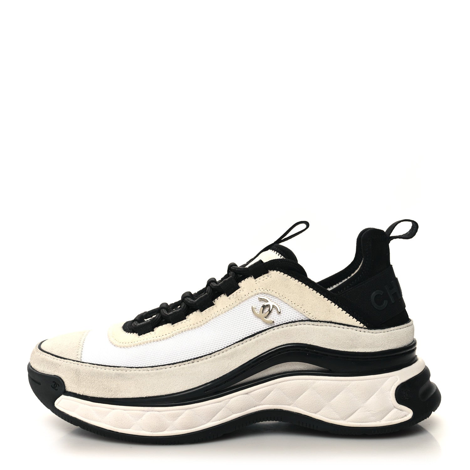 Chanel Velvet Calfskin Mixed Fibers CC Sneakers 37.5 Ivory Black 1 of 8