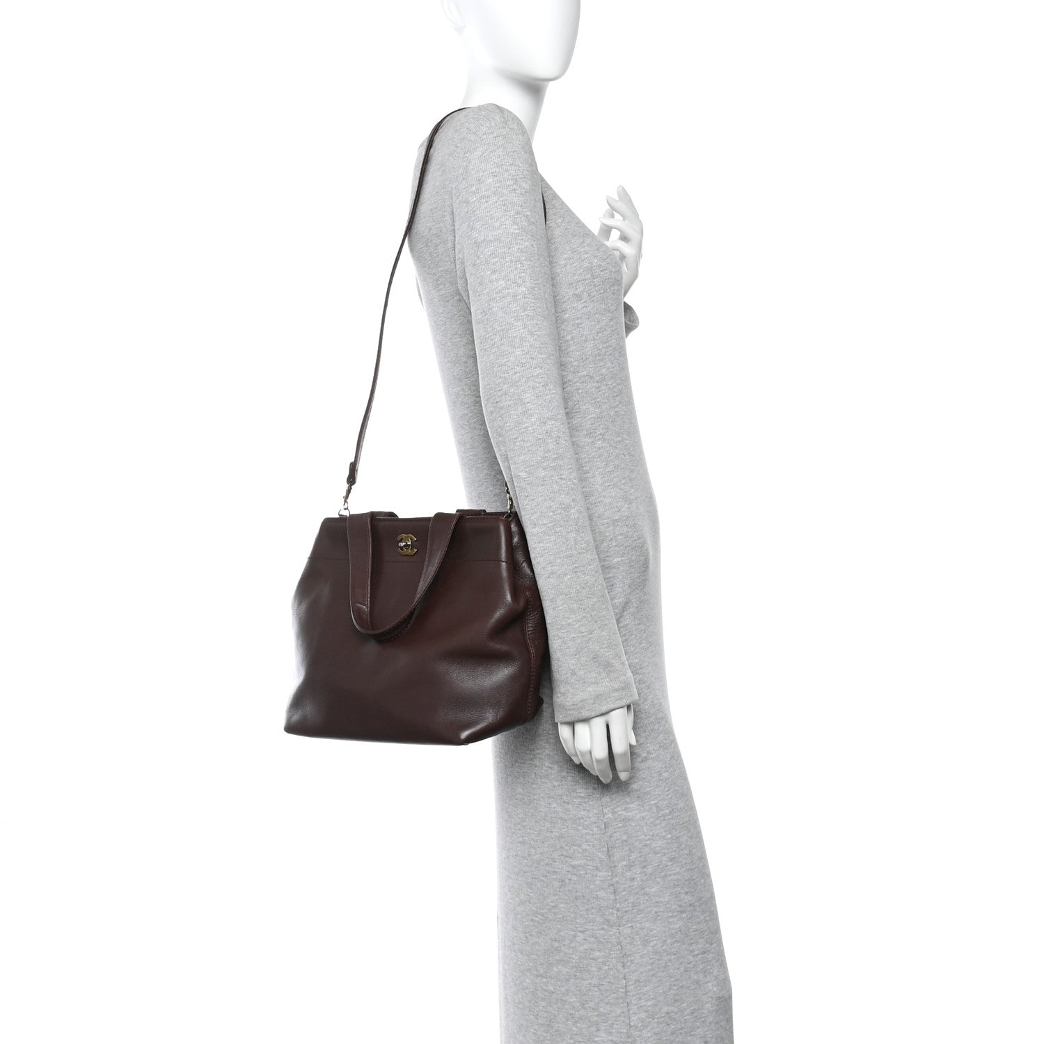 Chanel Calfskin Turnlock Shopper Tote Brown 3 of 11