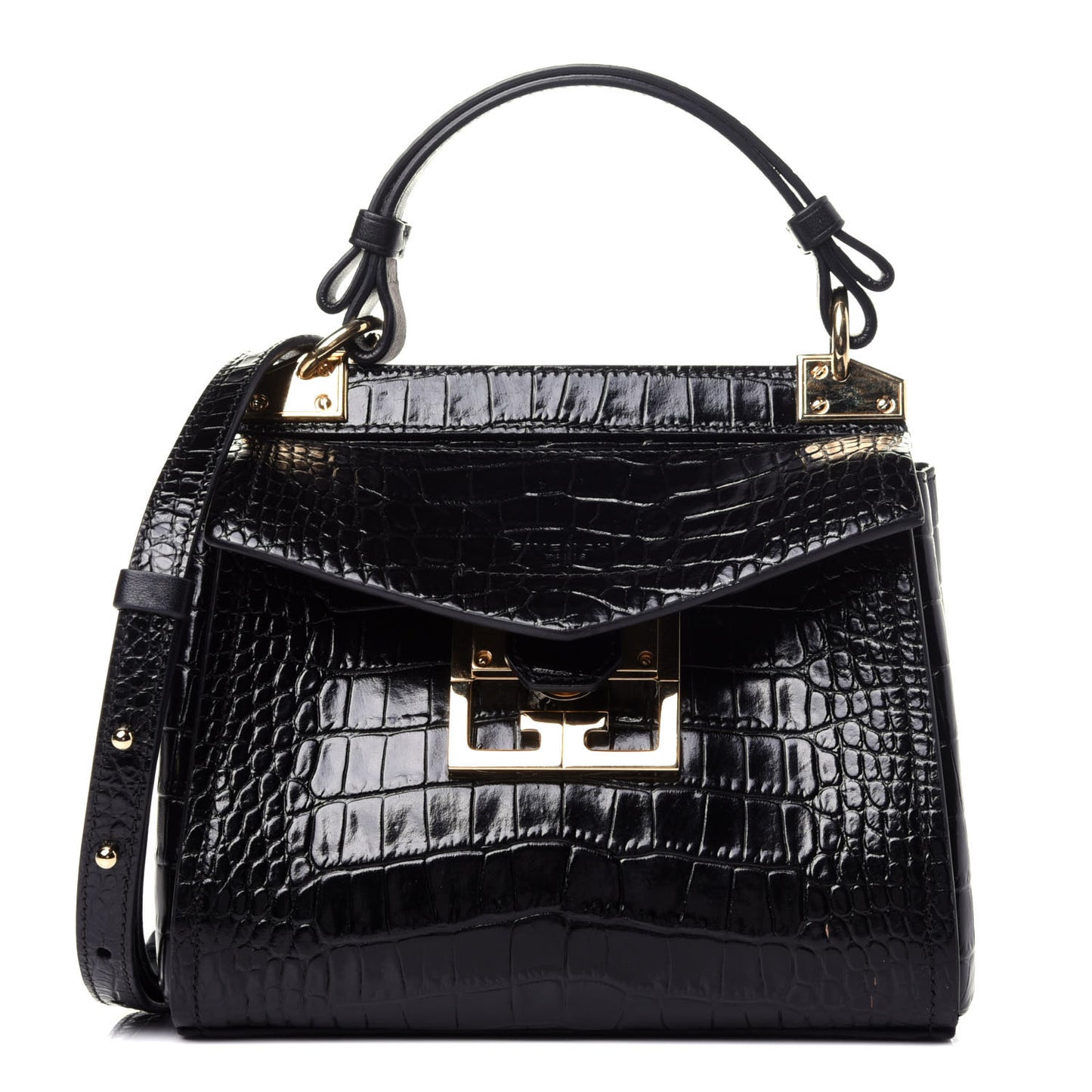 Calfskin Crocodile Embossed Mini Mystic Shoulder Bag Black