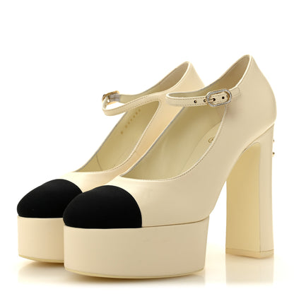 Chanel Lambskin Grosgrain Mary Jane Platform Pumps 38 Ivory Black 4 of 10
