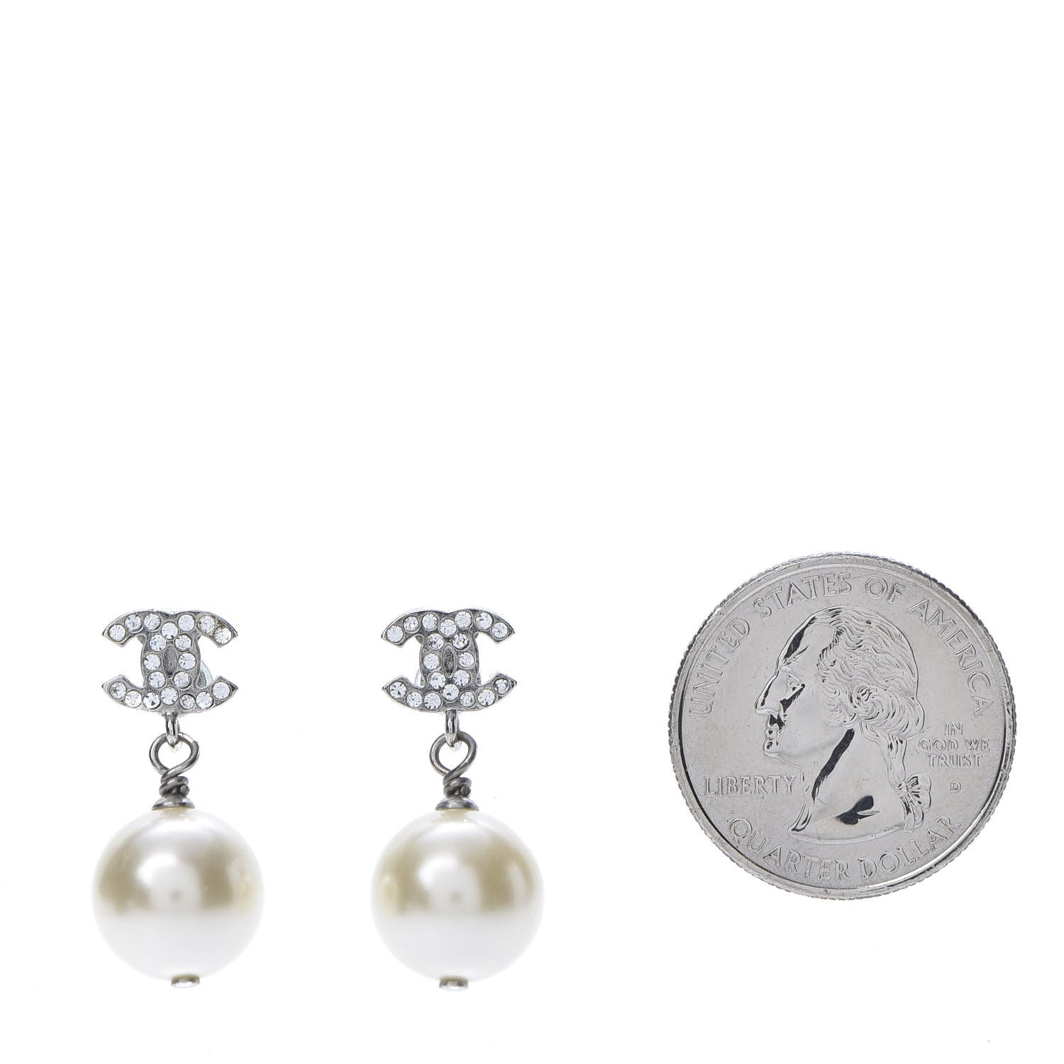 Chanel Crystal Pearl CC Drop Earrings Silver Pearly White 2 of 5