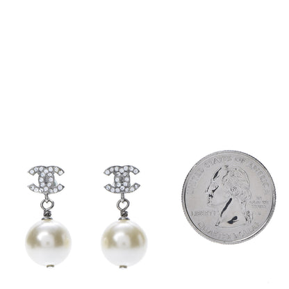 Chanel Crystal Pearl CC Drop Earrings Silver Pearly White 2 of 5