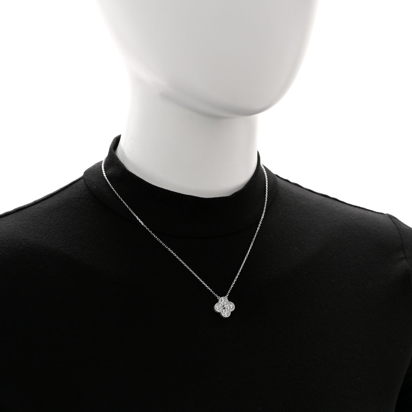 18K White Gold Diamond Vintage Alhambra Pendant Necklace