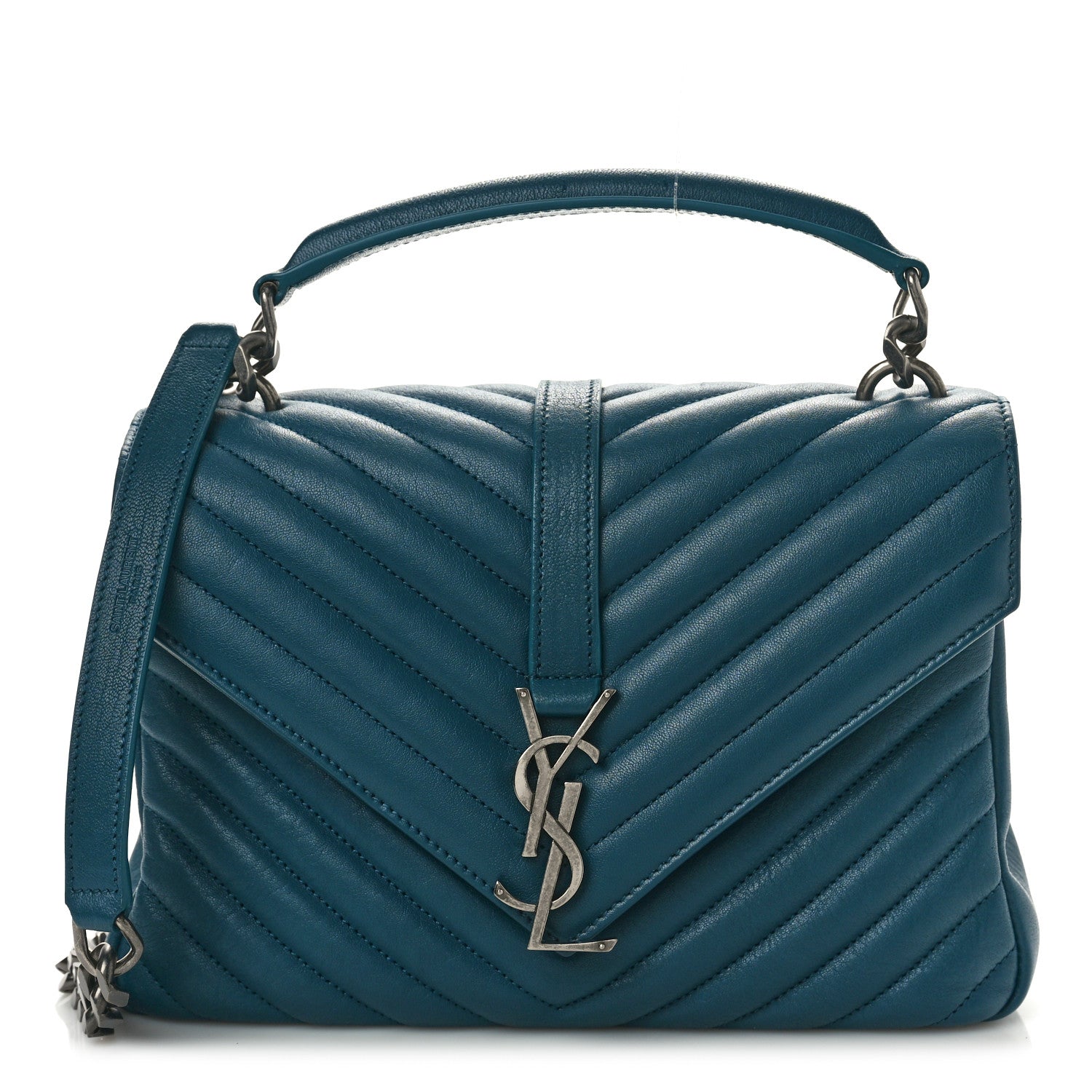 Saint Laurent Sheepskin Matelasse Chevron Monogram Medium College Bag Petrol Green 1 of 11