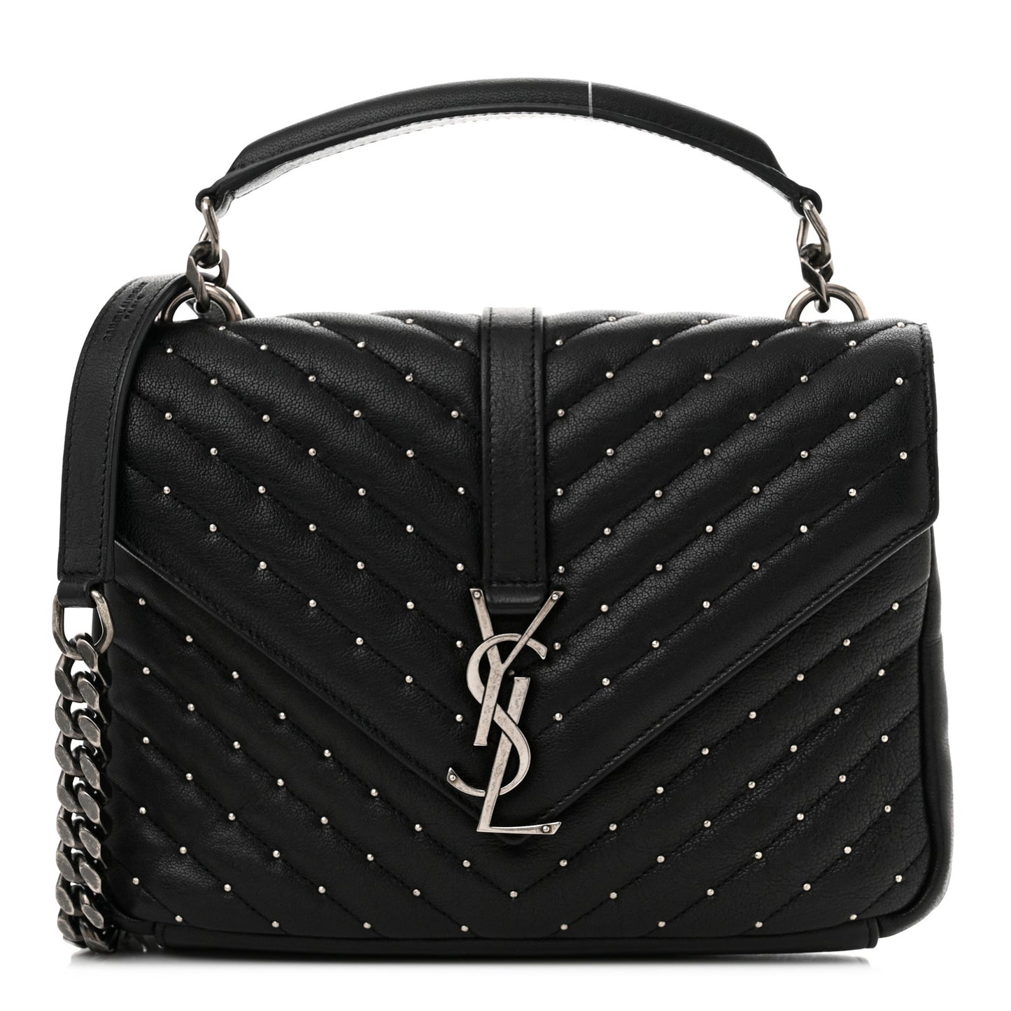 Lambskin Matelasse Chevron Studded Monogram Medium College Bag Black