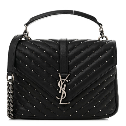 Saint Laurent Lambskin Matelasse Chevron Studded Monogram Medium College Bag Black 1 of 7