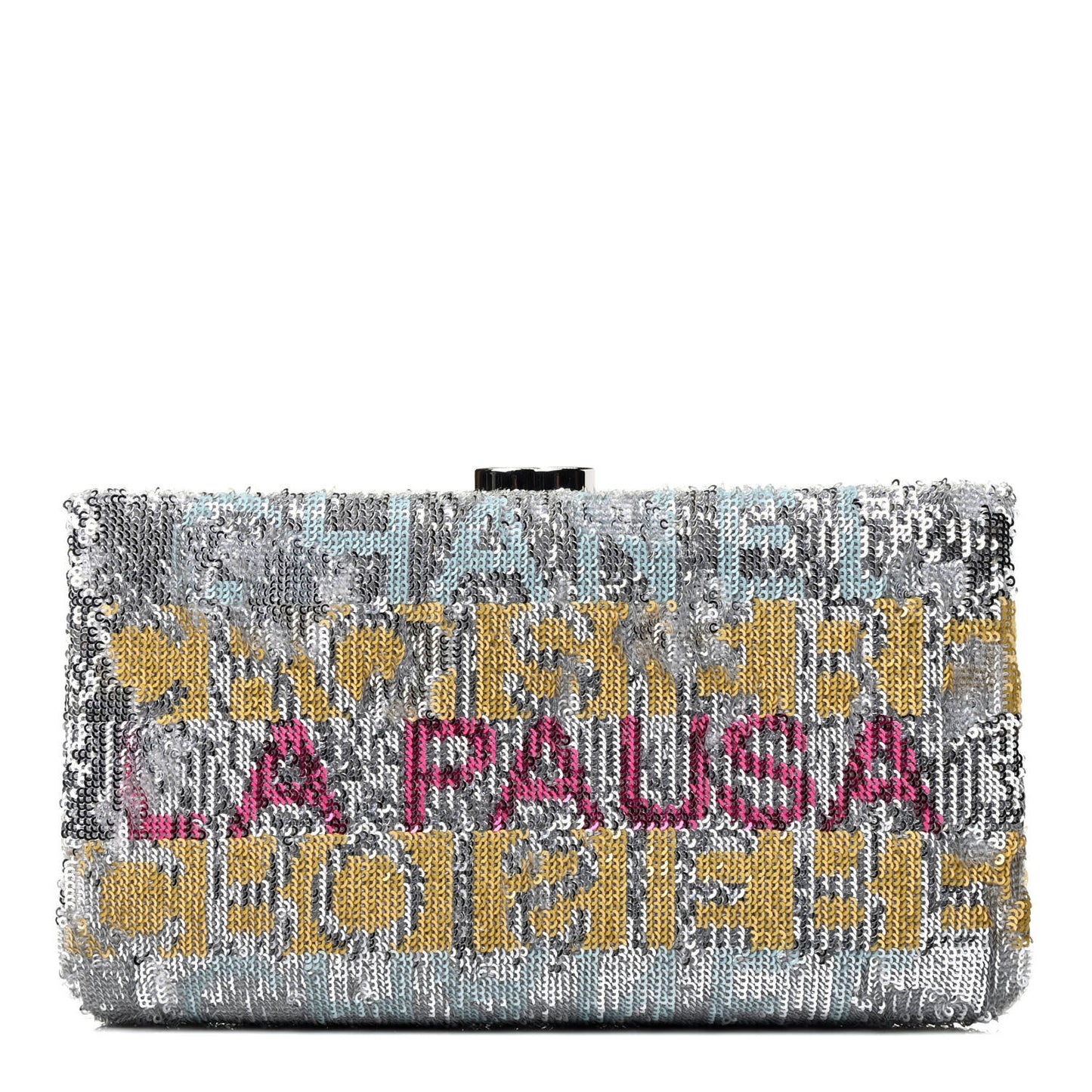 Sequin Satin Embroidered La Pausa Evening Clutch Silver Yellow Pink