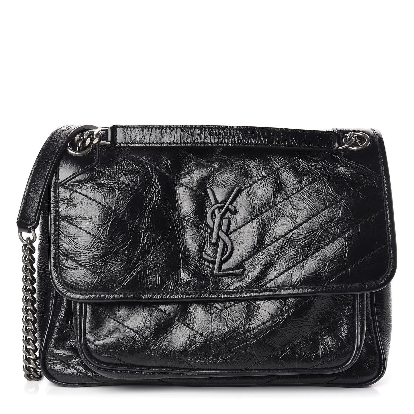 Crinkled Calfskin Matelasse Monogram Medium Niki Chain Satchel Black