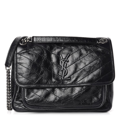 Saint Laurent Crinkled Calfskin Matelasse Monogram Medium Niki Chain Satchel Black 1 of 11