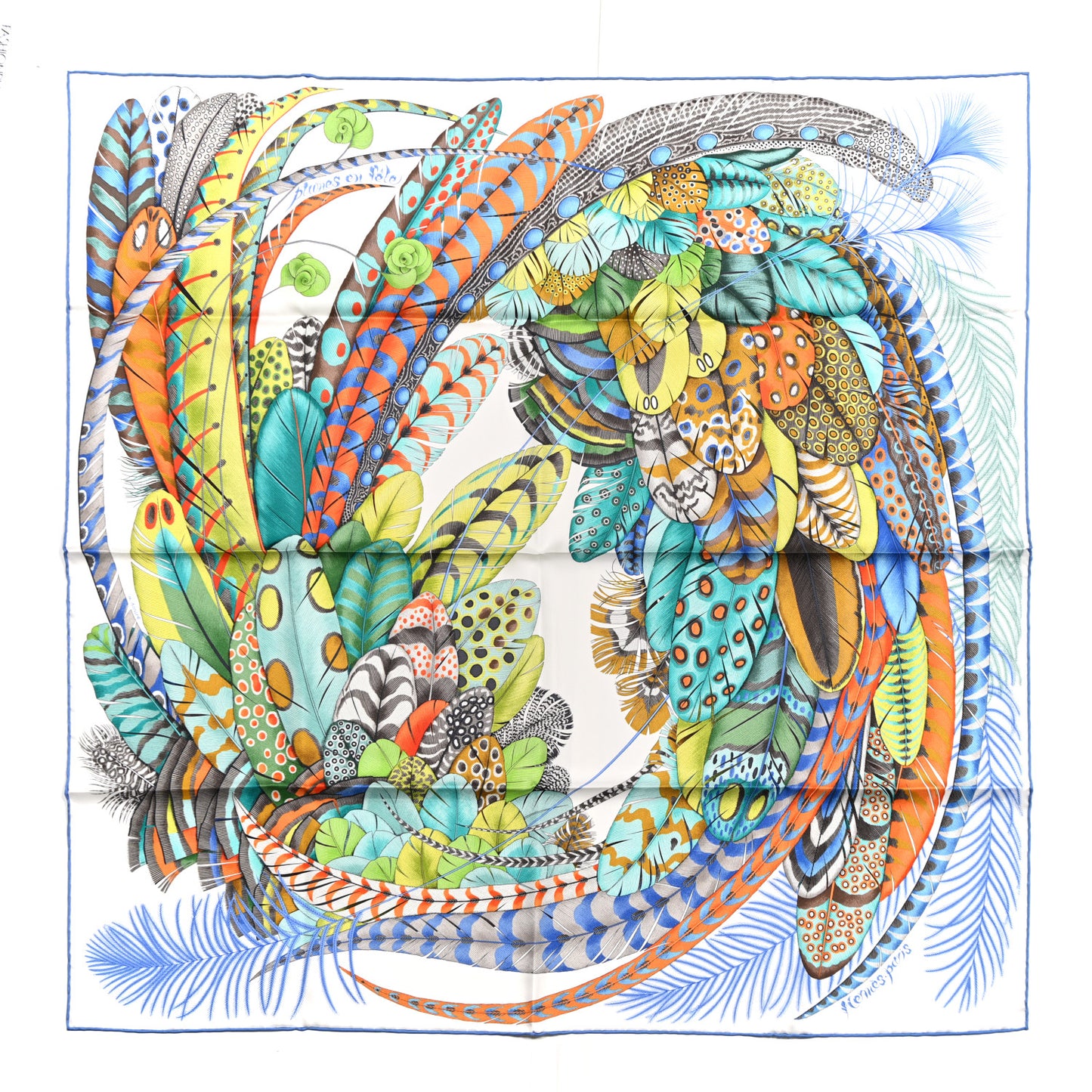 Silk Plumes En Fete Scarf 90 White Turquoise Multicolor
