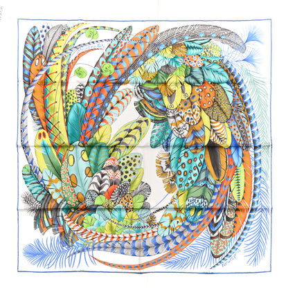 Hermes Silk Plumes En Fete Scarf 90 White Turquoise Multicolor 1 of 4