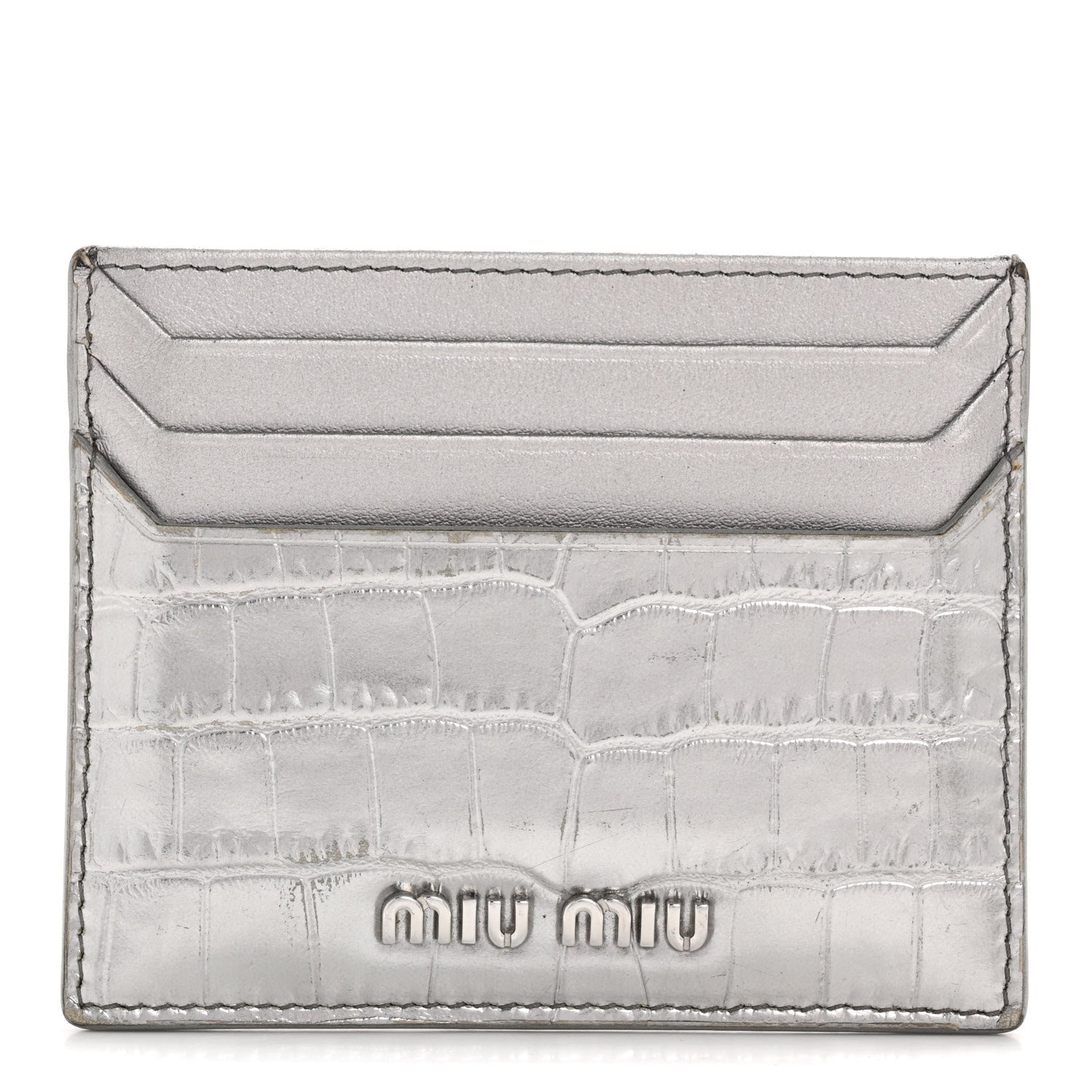 Miu Miu Crocodile Embossed Card Holder Silver 1 of 12