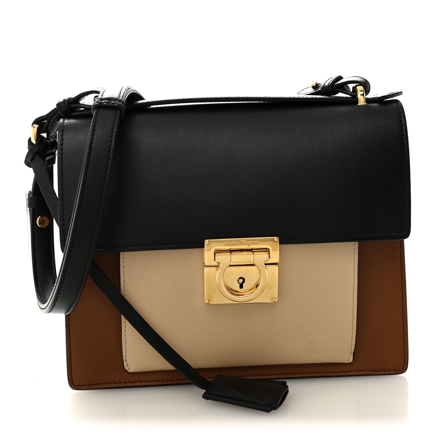 Salvatore Ferragamo Calfskin Gancio Lock Marisol Top Handle Satchel Ecorce Black 1 of 9