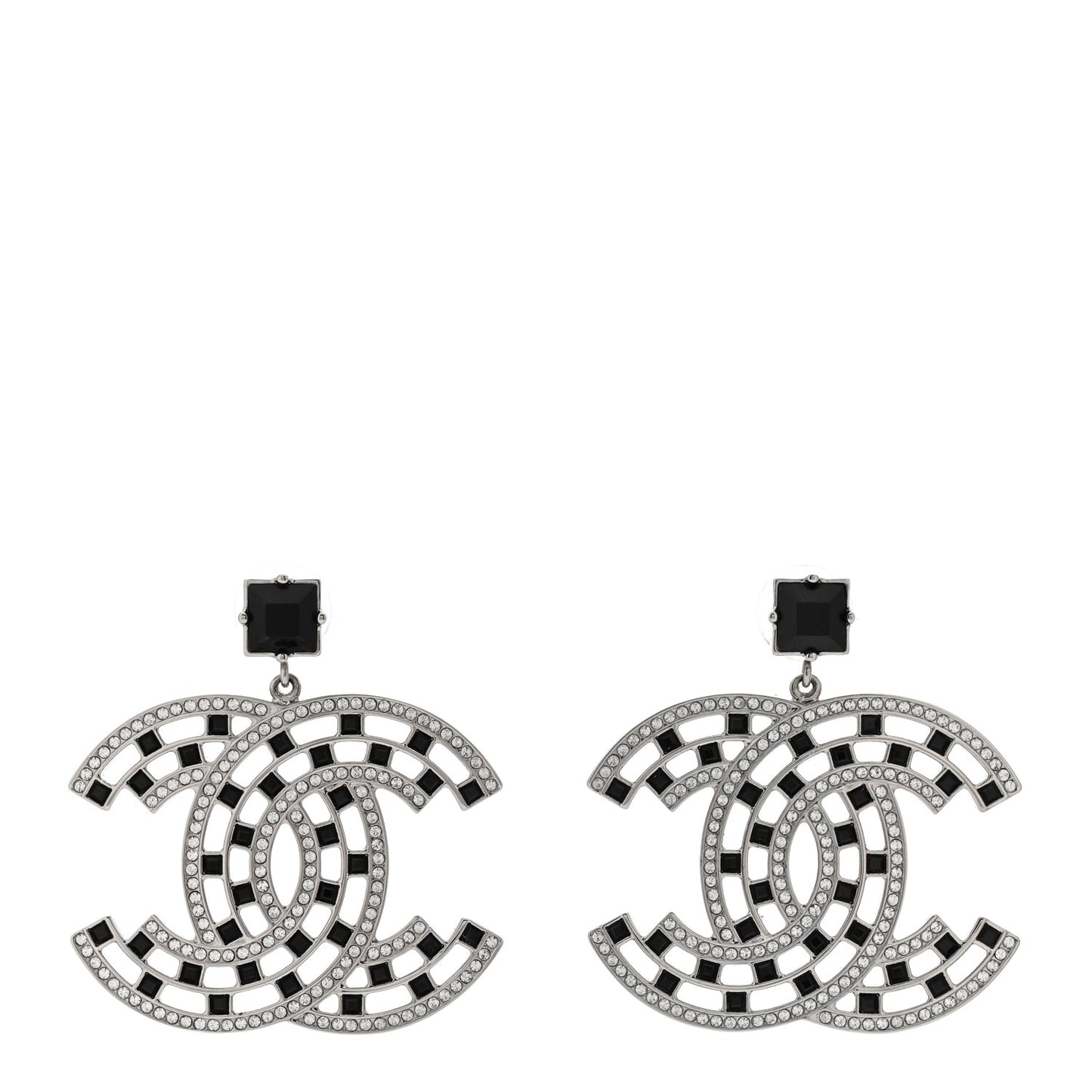 Baguette Crystal CC Drop Earrings Silver Black