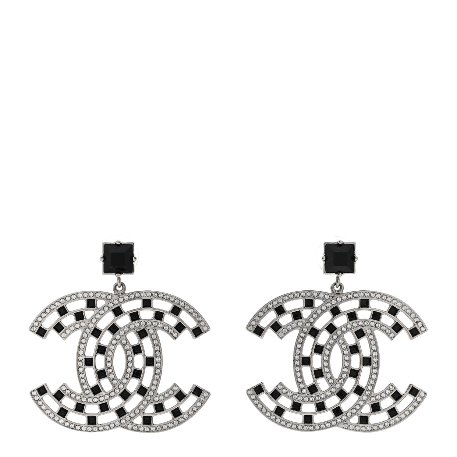 Chanel Baguette Crystal CC Drop Earrings Silver Black 1 of 4