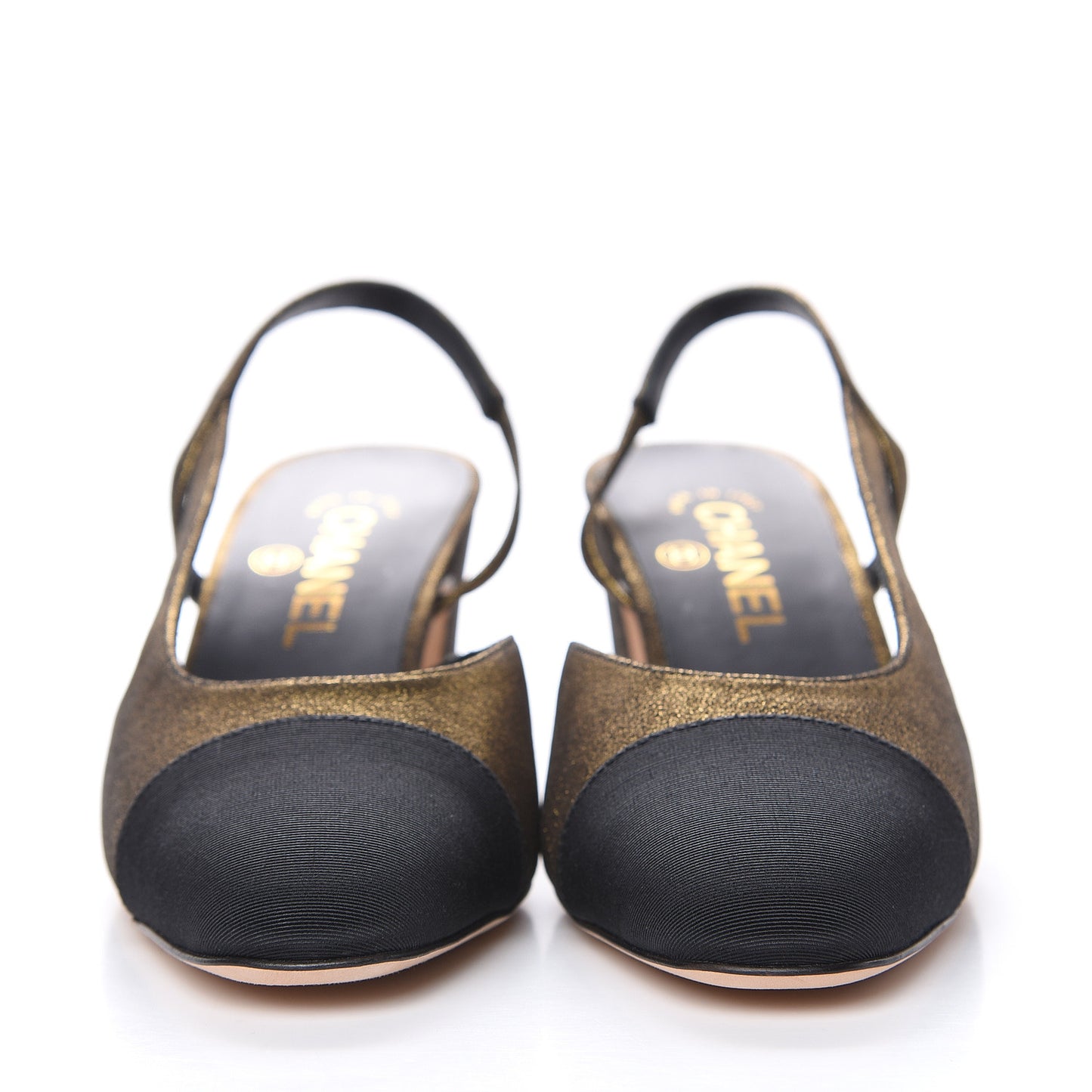 Metallic Lambskin Grosgrain Cap Toe CC Slingback Pumps 37.5 Gold Black