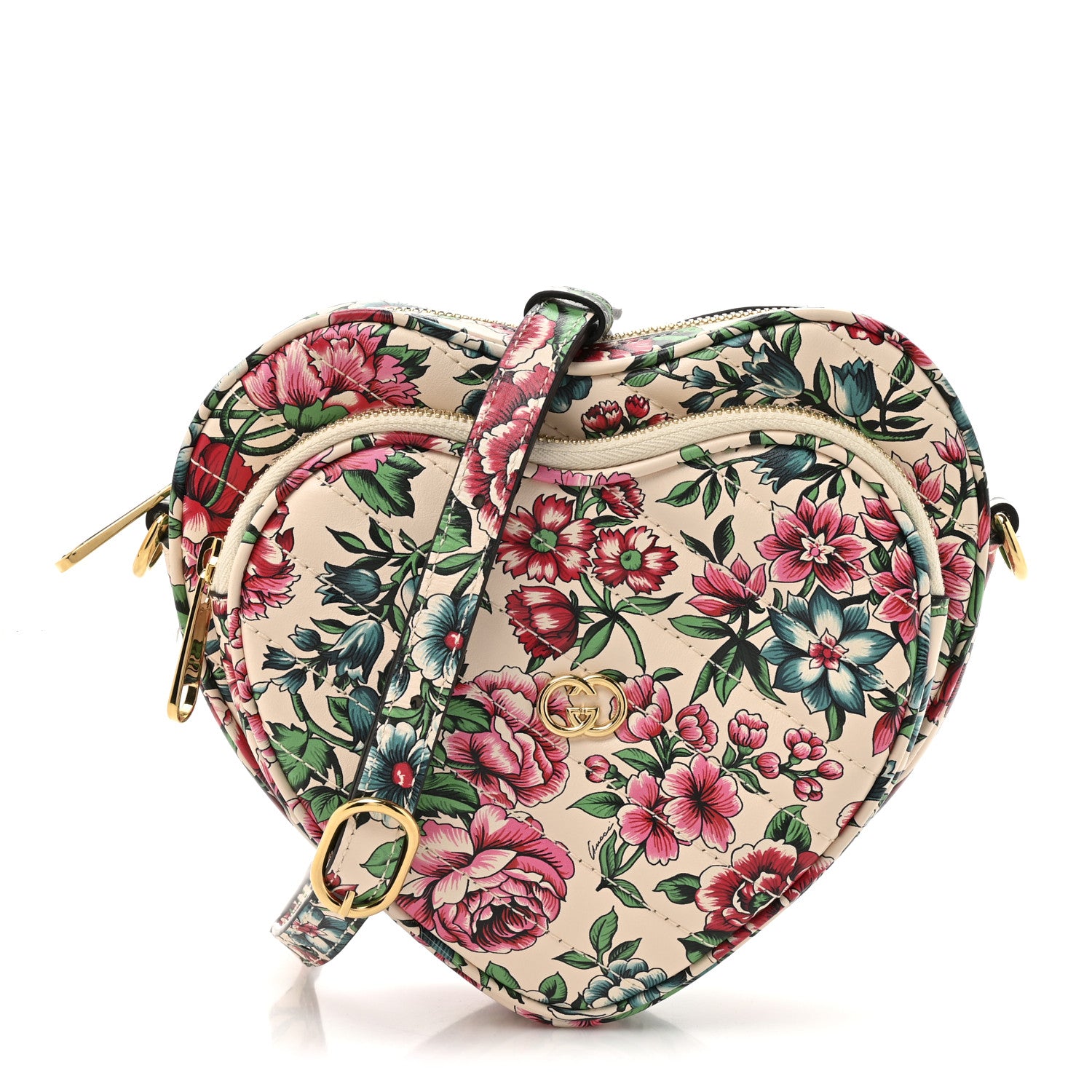 Gucci Calfskin Matelasse Diagonal Brit Roses Print Mini Interlocking G Heart Shoulder Bag  White Multicolor 1 of 10