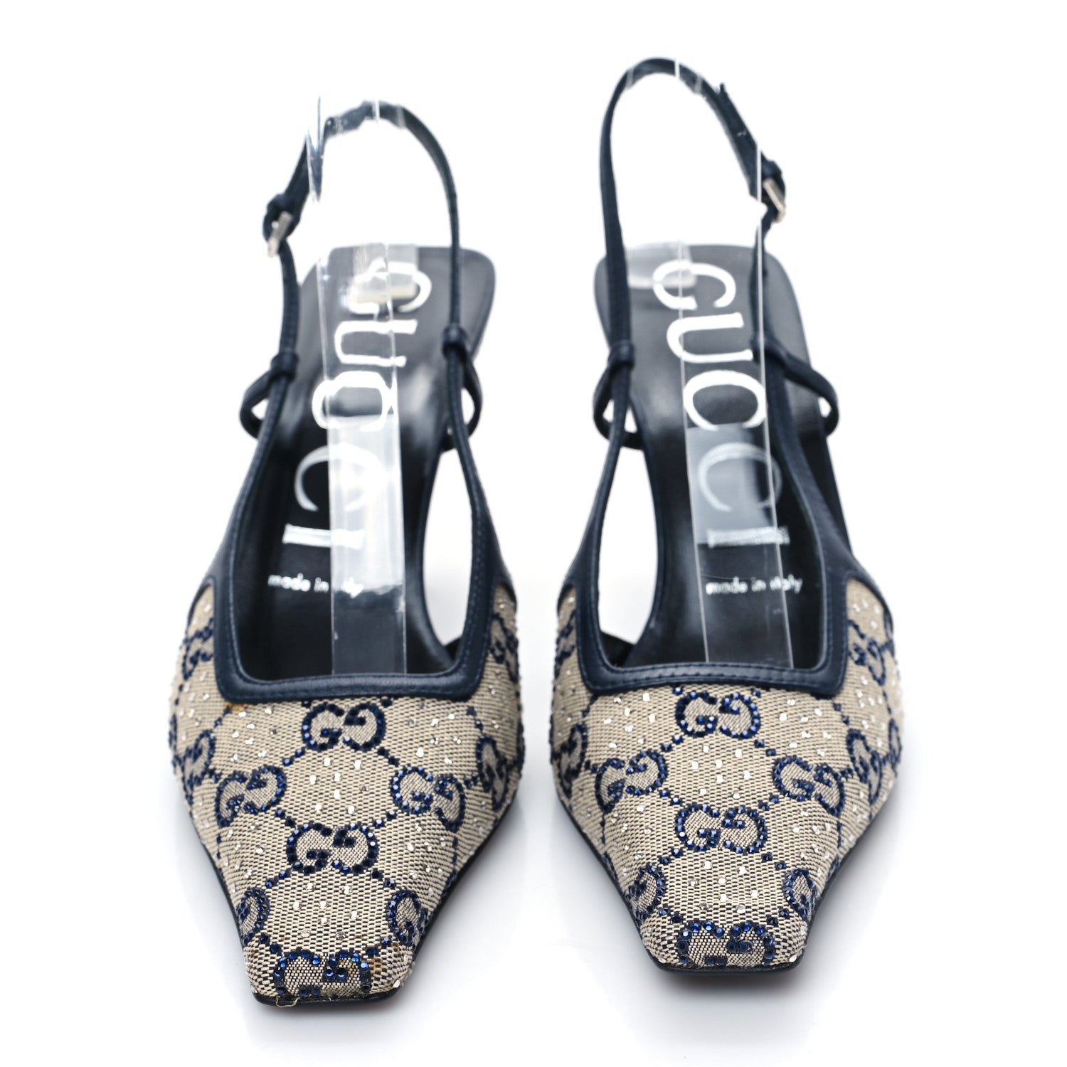 Gucci GG Monogram Malaga Kid Crystal Square G 75mm Slingback Pumps 37.5 Beige Blue 2 of 7