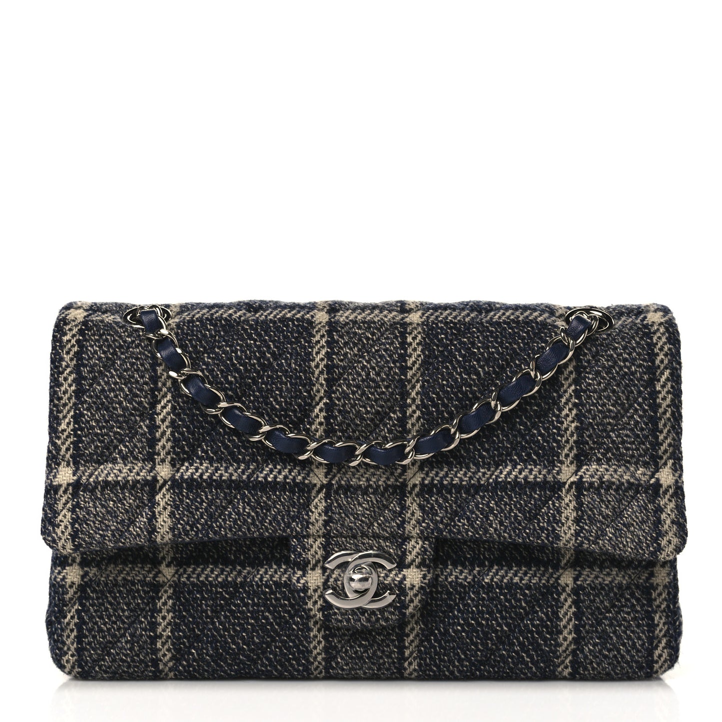 Tweed Quilted Medium Double Flap Black Blue Sea Green