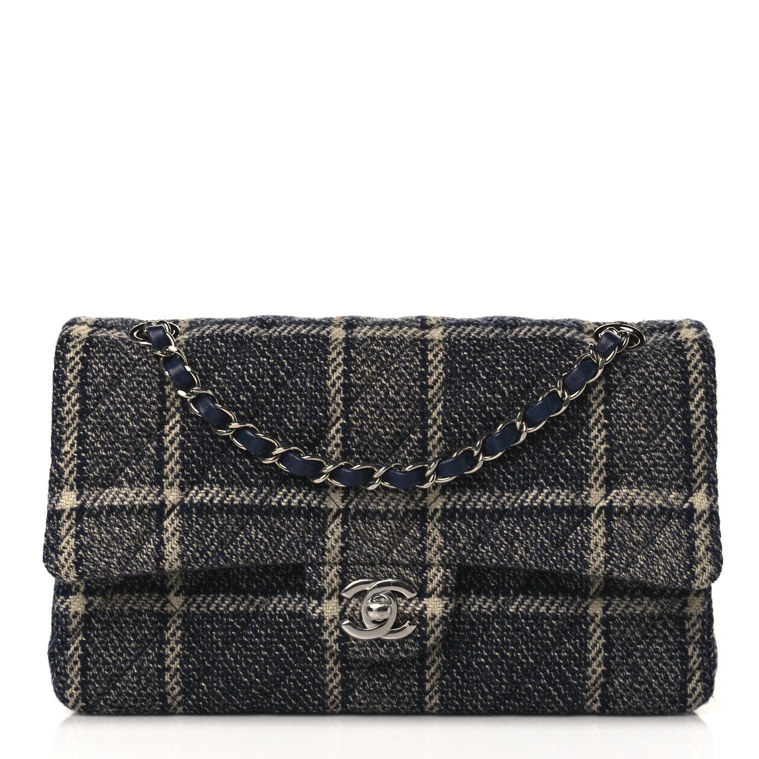 Chanel Tweed Quilted Medium Double Flap Black Blue Sea Green 1 of 9