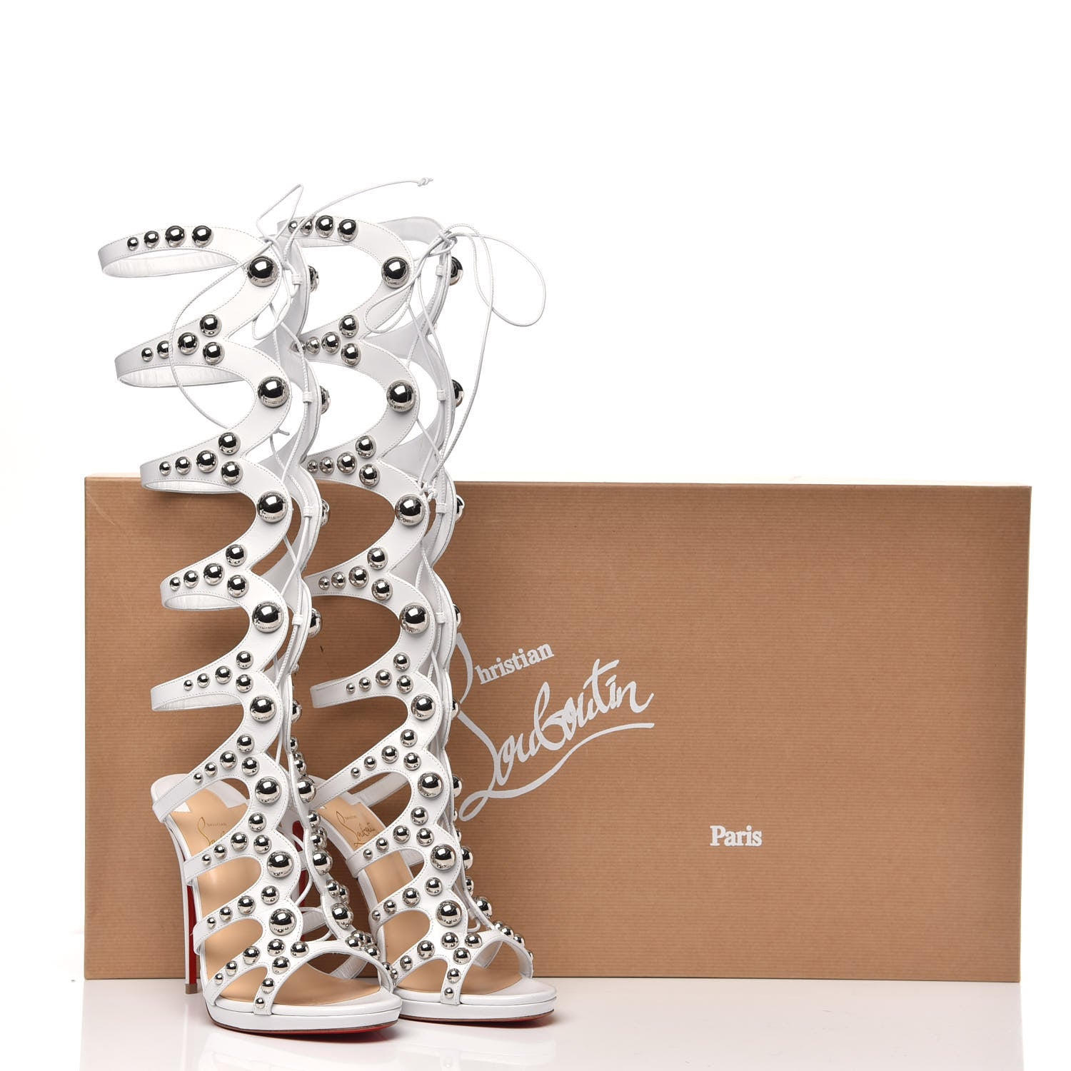 Christian Louboutin Kid Amazoutiful 120 Lace Up Sandals 38.5 Latte Silver 7 of 7