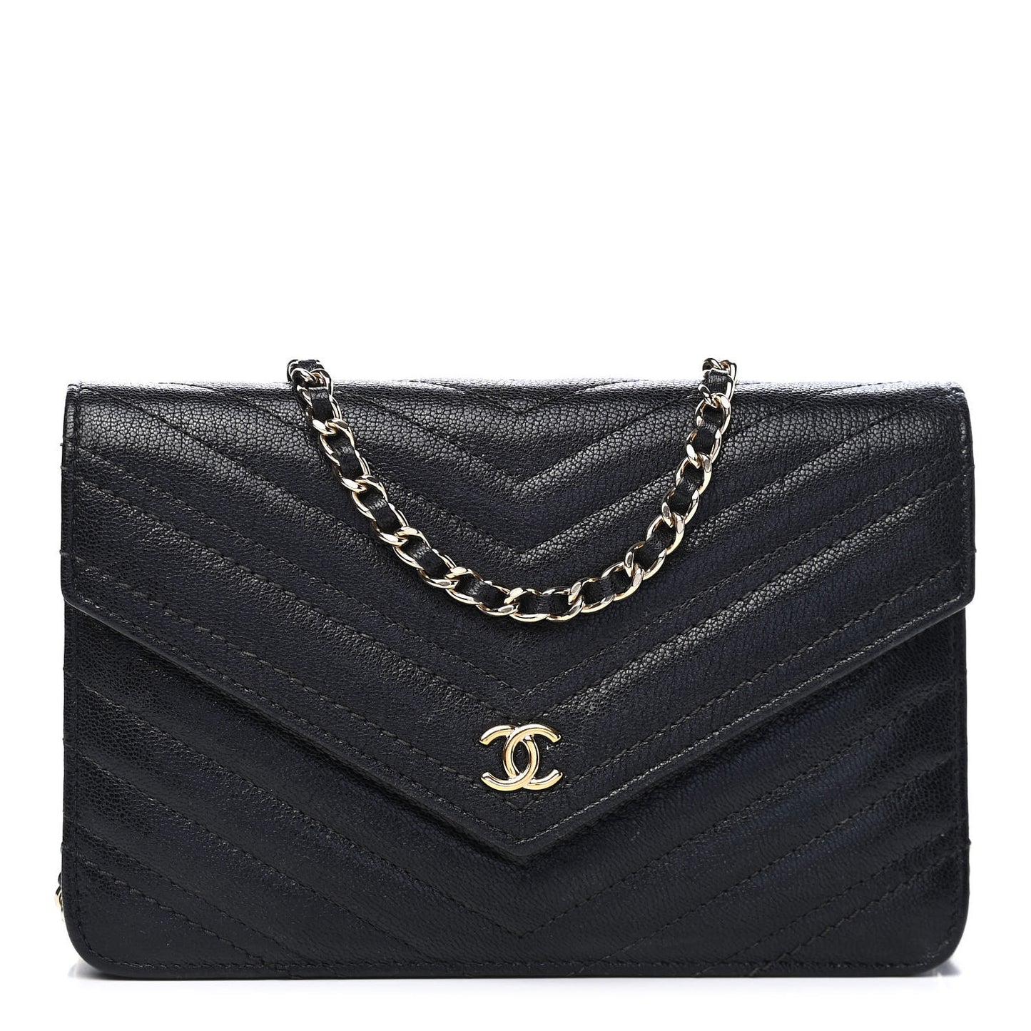Goatskin Chevron Quilted Statement Wallet On Chain WOC Black