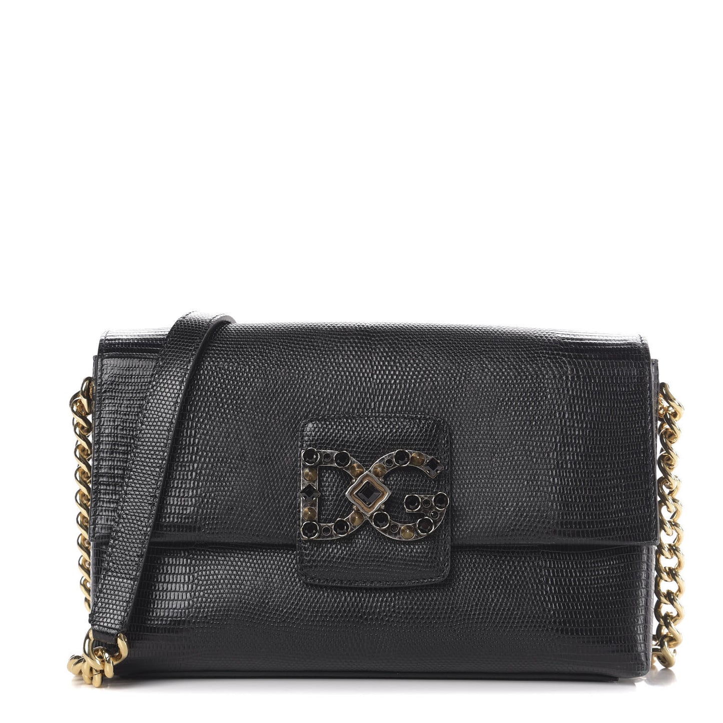 Stampa Iguana Calfskin Crystal Millennials Chain Shoulder Bag Black