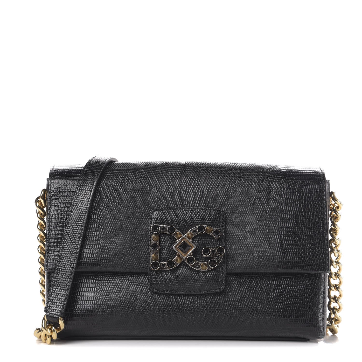 Dolce & Gabbana Stampa Iguana Calfskin Crystal Millennials Chain Shoulder Bag Black 1 of 9